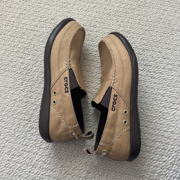 CROCS Tan Slip-On Canvas Loafers Comfortable Casual Footwear - Picture 6 of 6
